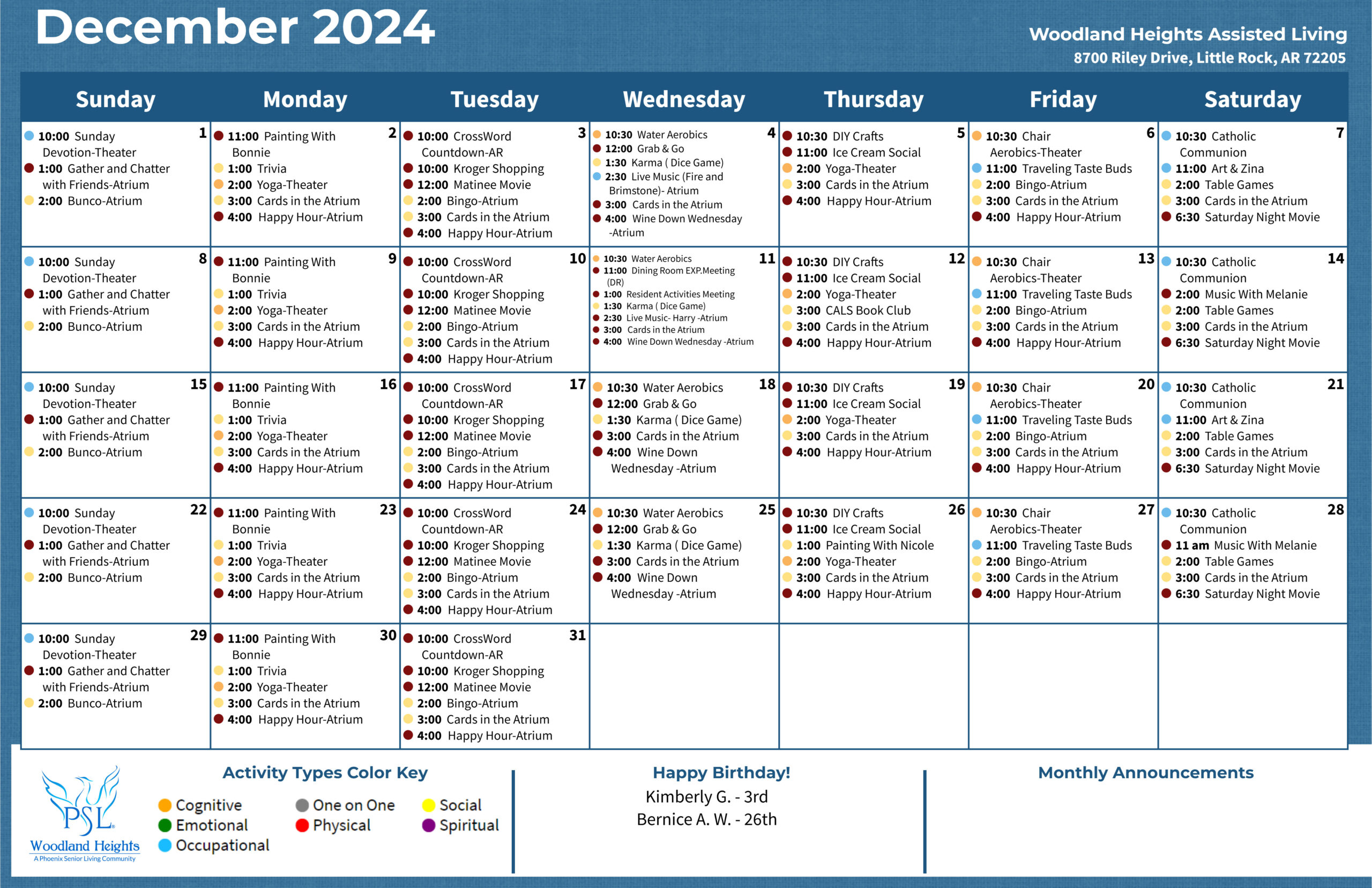 Woodland Heights Senior Living - Assisted Living Calendar